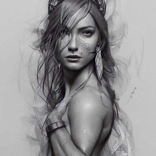 a beautiful portrait of a goddess with tattoo skin by greg rutkowski and raymond swanland, trending on artstation, ultra realistic digital art, Pencil Sketch