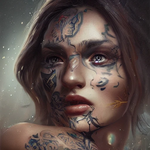 a beautiful portrait of a goddess with tattoo skin by greg rutkowski and raymond swanland, trending on artstation, ultra realistic digital art,, Oil Painting