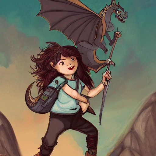 Child girl, adventurer fighting a dragon , backpack, illustration, fantasy art, line art, long hair