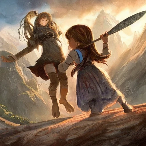 Child girl, adventurer fighting a giant , backpack, illustration, fantasy art, long hair