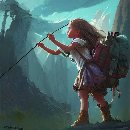 Child girl, adventurer fighting a giant , backpack, illustration, fantasy art, long hair, Nikita bulatov style