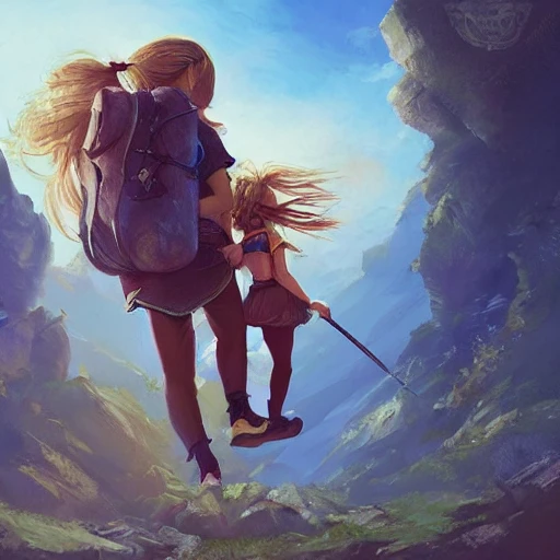 Child girl, adventurer fighting a giant , backpack, illustration, fantasy art, long hair, Nikita bulatov style