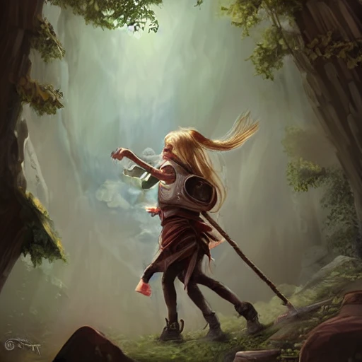 Child girl, adventurer fighting a giant , backpack, illustration, fantasy art, long hair, Nikita bulatov style