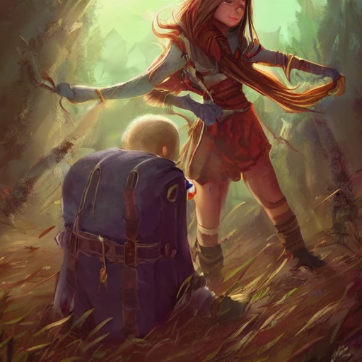 Child girl, adventurer fighting a giant , backpack, illustration, fantasy art, long hair, Nikita bulatov style, Cartoon