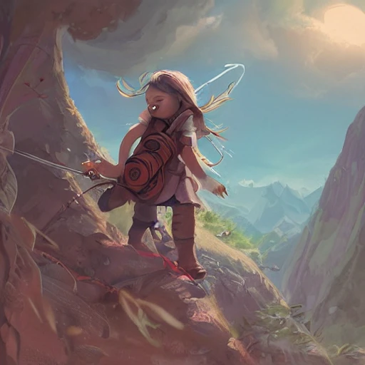 Child girl, adventurer fighting a giant , backpack, illustration, fantasy art, long hair, Nikita bulatov style, Cartoon