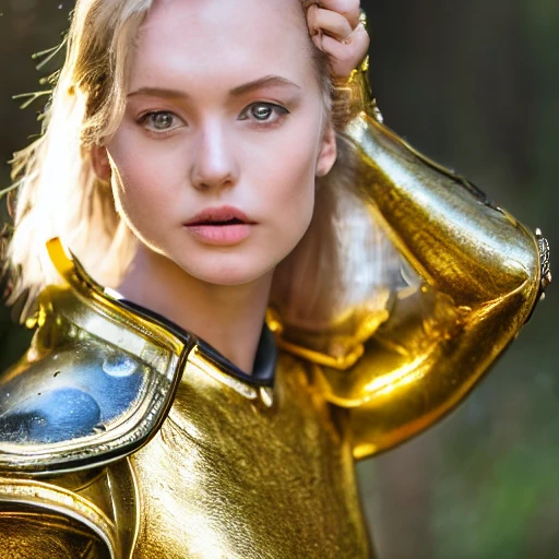 medium shot, perfect angle, forest background, beautiful elegant young german woman wearing a ultrarealistic luxury gold armor. {{beautiful detailed face}, (perfect armor), (shining armor), (realistic armor), (female face), (delicate face), ((pretty face)), (ponytail), (blonde),(detailed face), ((elegant)), ((naughty face)), symmetrical face, soft lighting, sharp focus on eyes, perfect eyes, professionally retouched, realistic, looking at viewer, same size arms, concept art, sharp focus, depth of field blur, illustration, soft focus, large cleavage, cinematic lightning, extremely detailed, forest background, by stanley artgerm lau, wlop, alphonse mucha, rossdraws, andrei riabovitchev. my james jeand,  8k.