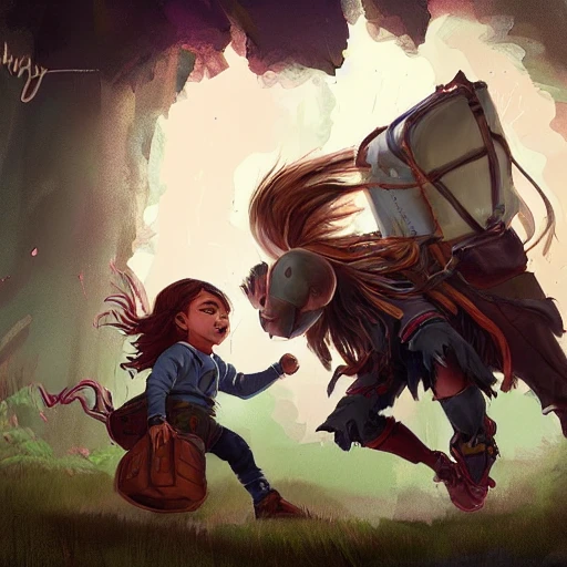 Child girl, adventurer fighting a giant , backpack, illustration, fantasy art, long hair, Nikita bulatov style, Cartoon