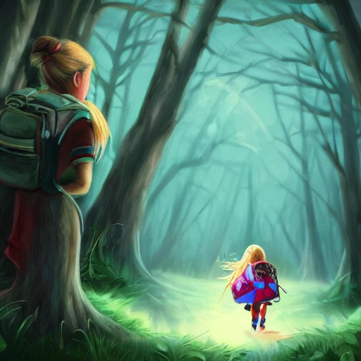 Child girl, adventurer looking to a monster, backpack, illustration, fantasy art, long hair, Nikita bulatov style, Cartoon, saturated