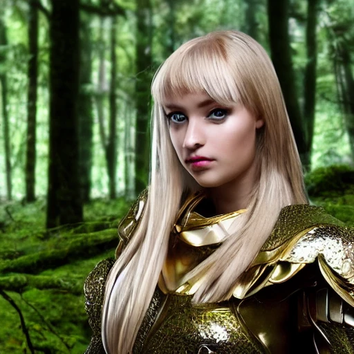 perfect angle, forest background, beautiful young german woman wearing a ultrarealistic luxury gold armor. (cinematic lightning), (perfect armor), (shining armor), (realistic armor), (female face), (delicate face), (ponytail), (blonde),(detailed face), ((elegant)), ((naughty face)), symmetrical face, (soft lighting), sharp focus on eyes, perfect eyes, professionally retouched, realistic, looking at viewer, same size arms, concept art, sharp focus, depth of field blur, illustration, soft focus, large cleavage, forest background, by stanley artgerm lau, wlop, alphonse mucha, rossdraws, andrei riabovitchev. my james jeand,  8k.