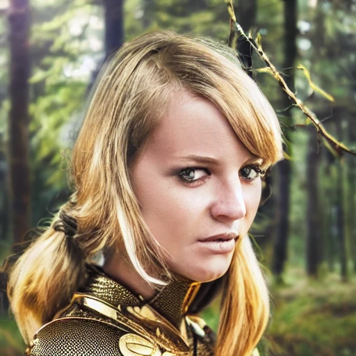 perfect angle, forest background, beautiful young german woman wearing a ultrarealistic luxury gold armor. (cinematic lightning), (perfect armor), (shining armor), (realistic armor), (female face), (delicate face), (ponytail), (blonde),(detailed face), ((elegant)), ((naughty face)), symmetrical face, (soft lighting), sharp focus on eyes, perfect eyes, professionally retouched, realistic, looking at viewer, same size arms, concept art, sharp focus, depth of field blur, illustration, soft focus, large cleavage, forest background, by stanley artgerm lau, wlop, alphonse mucha, rossdraws, andrei riabovitchev. my james jeand,  8k.