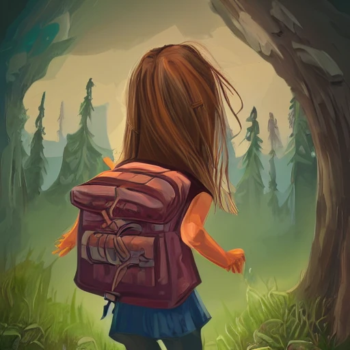 Child girl, adventurer looking to a monster, backpack, illustration, fantasy art, long hair, Nikita bulatov style, Cartoon, saturated--upbeta --q 2 --v 4