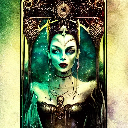  cad tarot, the empress  cinematic pose, symmetry, ink dropped in water by Tom Bagshaw and Seb McKinnon, rococo details, post processing, painterly, book illustration watercolor granular splatter dripping paper texture, ink outlines,  arcane style