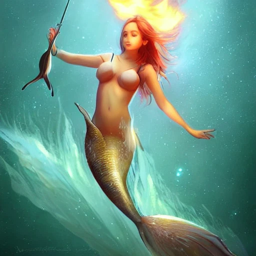  whale, mermaid space digital art by wlop and artgerm in the style of throne of glass book covers illustrations, a young adult female magician with fireballs in hand and a blue magic lighting aurea overlay 