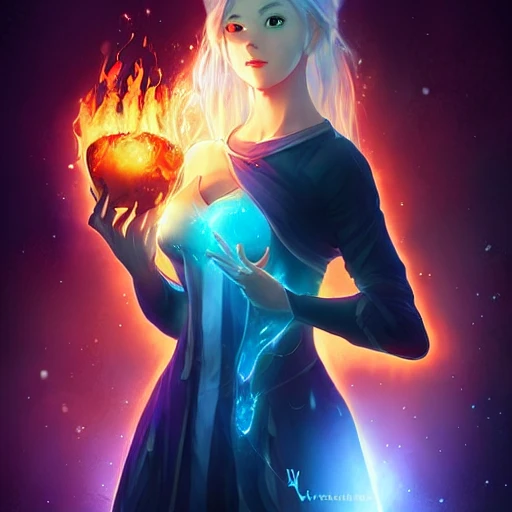  whale digital art by wlop and artgerm in the style of throne of glass book covers illustrations, a young adult female magician with fireballs in hand and a blue magic lighting aurea overlay 