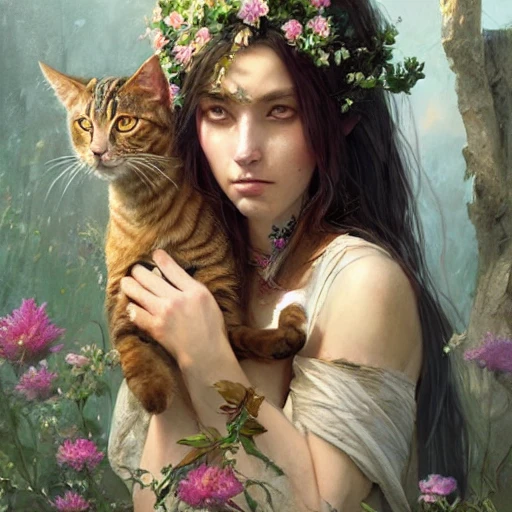 a beautiful portrait of a goddess with cats and flowers by greg rutkowski and raymond swanland, trending on artstation, ultra realistic digital art, Pencil Sketch, perfect eyes and face, perfect cats