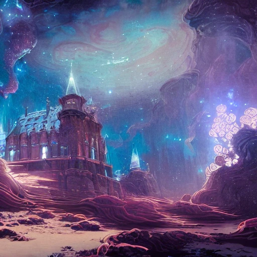 elden ring style, a beautiful painting of a castle in the space with nebulas and stars, surrounded by magical lighting, 4 k unreal engine renders, ultra - wide angle, by victo ngai, geof darrow, peter mohrbacher, johfra bosschart, thomas kinkade, hd, pastel color scheme 