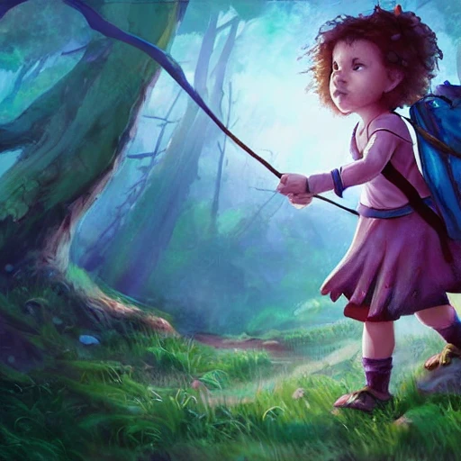 child girl adventurer with backpack , looking to a monster, fantasy illustration, saturated, mobile illustration, splash art