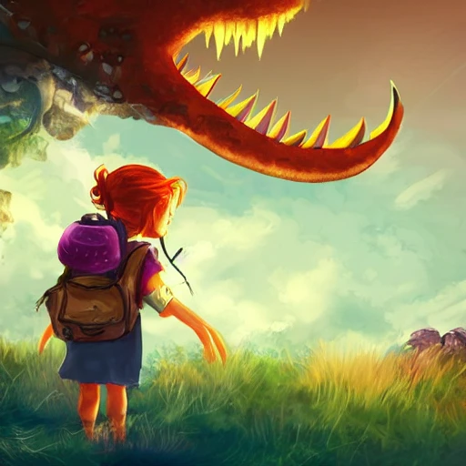 child girl adventurer with backpack , looking to a monster, fantasy illustration, saturated, mobile illustration, splash art ,saturated, --upbeta --q 2 --v 4