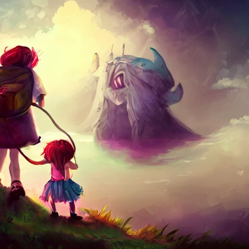 child girl adventurer with backpack , looking to a monster, fantasy illustration, saturated, mobile illustration, splash art ,saturated, --upbeta --q 2 --v 4