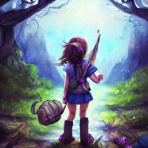 child girl adventurer with backpack looking to a monster, fantasy illustration, saturated, mobile illustration, splash art ,saturated, --upbeta --q 2 --v 4