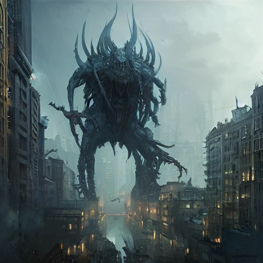 mdjrny-v4 style,Giant beast terrorizing a city, hyper detailed, greg rutkowski, johan grenier, eldritch

