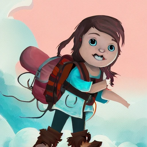 child girl adventurer with backpack looking to a monster, fantasy illustration, saturated, mobile illustration, splash art ,saturated, --upbeta --q 2 --v 4