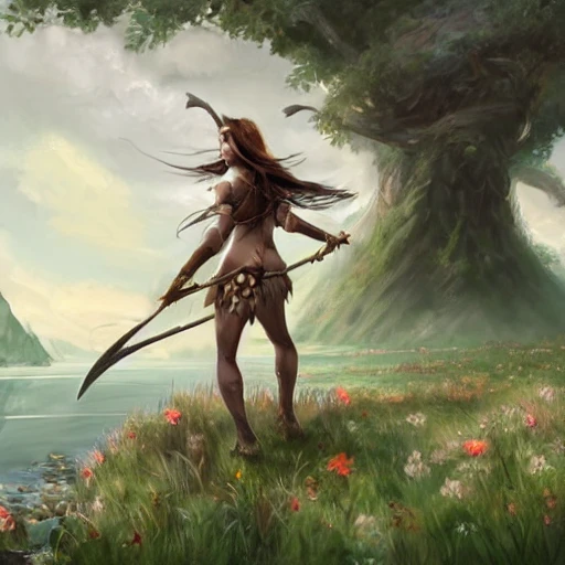 aventurier combattant un elfe barbarian, in a wonderland flowery meadow, feminine, mature, beautiful, elegant, highly detailed, digital painting, artstation, concept art, smooth, illustration, art fantastique, cheveux longs, with a lake surrounding a island with a tree in the middle, mountains in the background, 8k, fantasy art, 3D