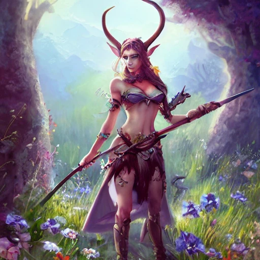 aventurier combattant un elfe barbarian, in a wonderland flowery meadow, feminine, mature, beautiful, elegant, highly detailed, digital painting, artstation, concept art, smooth, illustration, art fantastique, 8k, fantasy art, , , Oil Painting, Water Color