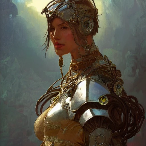 redshift style, painted portrait of a fighter in chain armour, feminine, mature, beautiful, upper body, fantasy, intricate,  elegant, highly detailed, digital painting, artstation, concept art, smooth, sharp focus, illustration, art by gaston bussiere and alphonse mucha