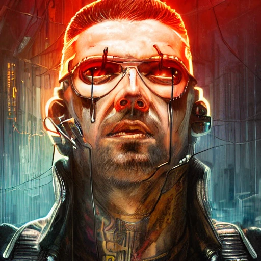 cyberpunk angry male hunter, character, alterd carbon, cyberpunk, blade runner, , neon, tattoo, sweat drops, insane, intricate, highly detailed, digital painting, artstation, concept art, smooth, sharp focus, illustration, Unreal Engine 5, 8K, art by artgerm and greg rutkowski and alphonse mucha, Oil Painting, 3D