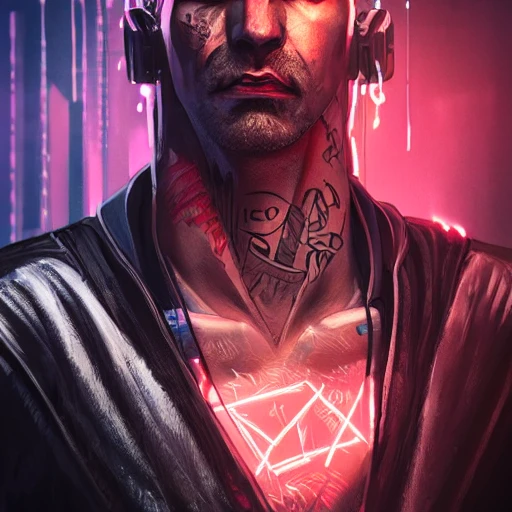 cyberpunk angry male hunter, character, alterd carbon, cyberpunk, blade runner, , neon, tattoo, sweat drops, insane, intricate, highly detailed, digital painting, artstation, concept art, smooth, sharp focus, illustration, Unreal Engine 5, 8K, art by artgerm, portrait,  3D