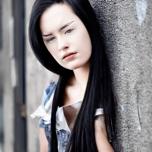 young lady with long black hair leaning against a wall, hyper detailed, photo, 332k