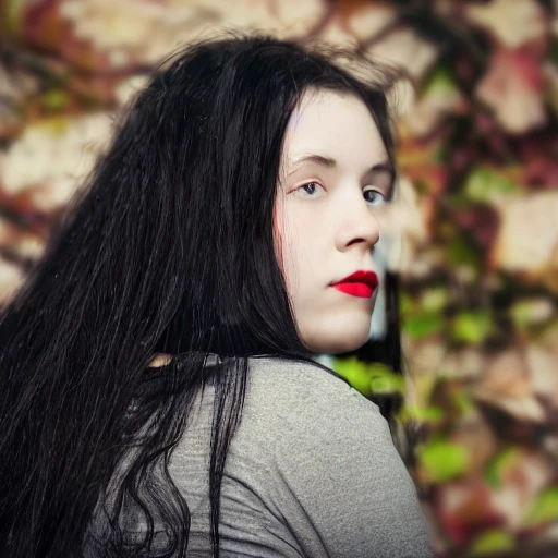 young lady with long black hair leaning against a wall, hyper detailed, photo, 332k