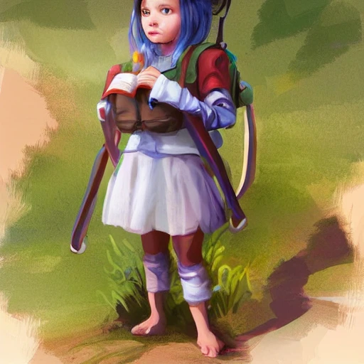 child girl adventurer with backpack ,concept  fantasy illustration, full body,saturated, --upbeta --q 2 --v 4