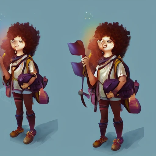 child girl adventurer with backpack ,concept  fantasy illustration, full body,saturated, --upbeta --q 2 --v 4