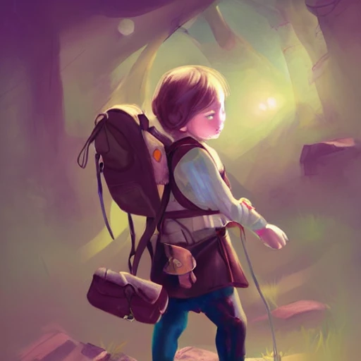 child girl adventurer with backpack ,concept  fantasy illustration, full body,saturated, --upbeta --q 2 --v 4