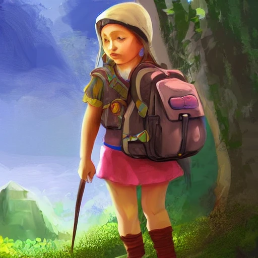 child girl adventurer with backpack ,concept  fantasy illustration, full body,saturated, --upbeta --q 2 --v 4