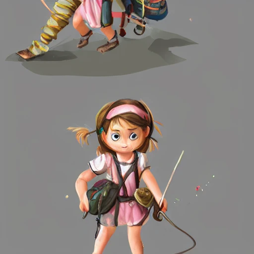 child girl adventurer with backpack ,concept  fantasy illustration, full body,saturated, --upbeta --q 2 --v 4