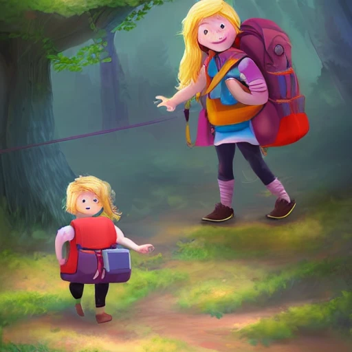 child girl adventurer with backpack ,concept  fantasy illustration, full body,saturated, --upbeta --q 2 --v 4, Cartoon