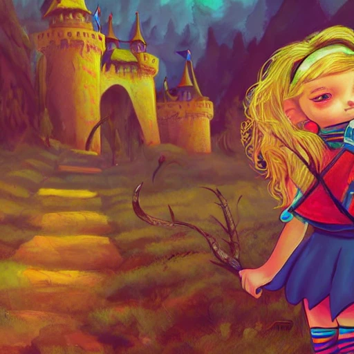 Child girl, adventurer looking at a giant  fantasy castle , backpack, illustration, fantasy art, long hair, Nikita bulatov style, Cartoon, saturated--upbeta --q 2 --v 4