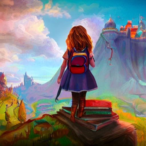 Child girl, adventurer looking at a giant  fantasy castle , backpack, illustration, fantasy art, long hair, Nikita bulatov style,  saturated colors , --upbeta --q 2 --v 4