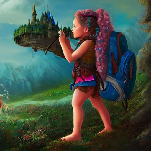 Child girl, adventurer looking at a giant  fantasy castle , backpack, illustration, fantasy art, long hair, Nikita bulatov style,  saturated colors , --upbeta --q 2 --v 4