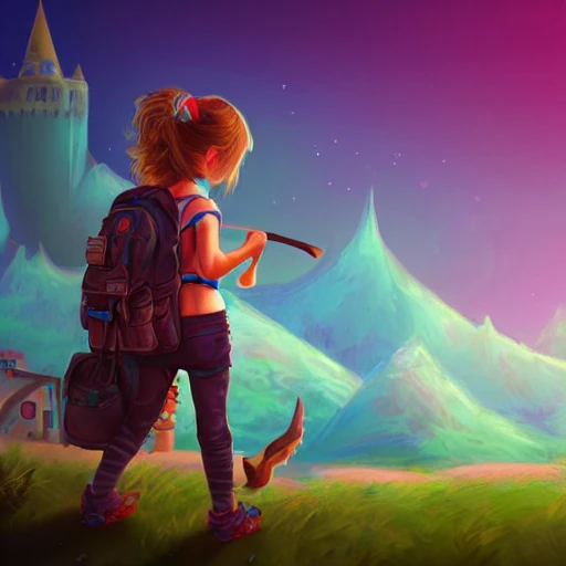 Child girl, adventurer looking at a giant  fantasy castle , backpack, illustration, fantasy art, long hair, Nikita bulatov style,  saturated colors , --upbeta --q 2 --v 4