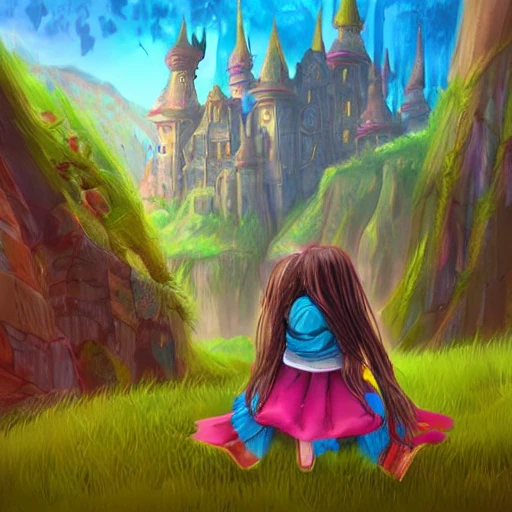 Child girl, adventurer looking at a giant  fantasy castle , backpack, illustration, fantasy art, long hair, Nikita bulatov style,  saturated colors , --upbeta --q 2 --v 4