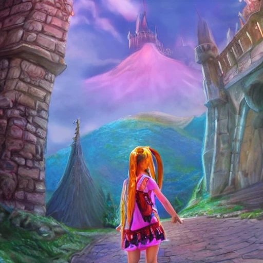 Child girl, adventurer looking at a giant  fantasy castle , backpack, illustration, fantasy art, long hair, Nikita bulatov style,  saturated colors , --upbeta --q 2 --v 4