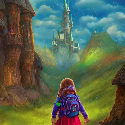 Child girl, adventurer looking at a giant  fantasy castle , backpack, illustration, fantasy art, long hair, Nikita bulatov style,  saturated colors , --upbeta --q 2 --v 4