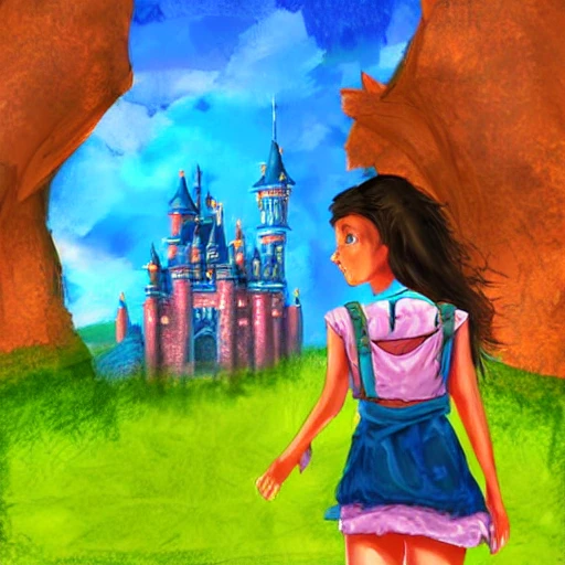 Child girl, adventurer looking at a giant  fantasy castle , backpack, illustration, fantasy art, , ross. draws style,  saturated colors , --upbeta --q 2 --v 4