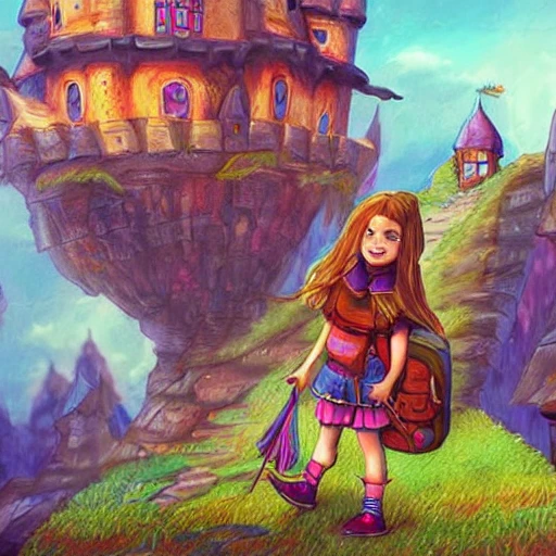 Child girl, adventurer looking at a giant  fantasy castle , backpack, illustration, fantasy art, , ross. draws style,  saturated colors , --upbeta --q 2 --v 4