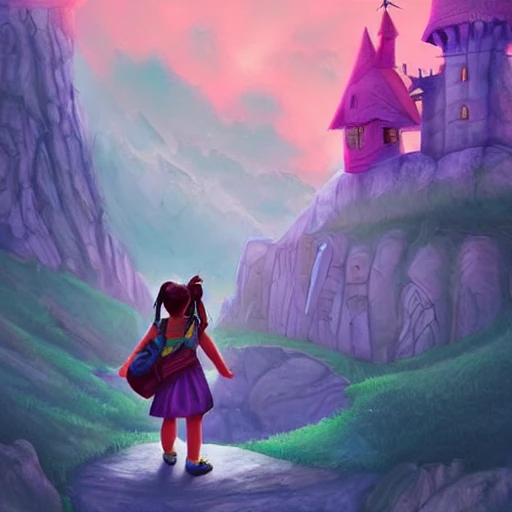 Child girl, adventurer looking at a giant  fantasy castle , backpack, illustration, fantasy art, dramatic light , saturated colors , --upbeta --q 2 --v 4