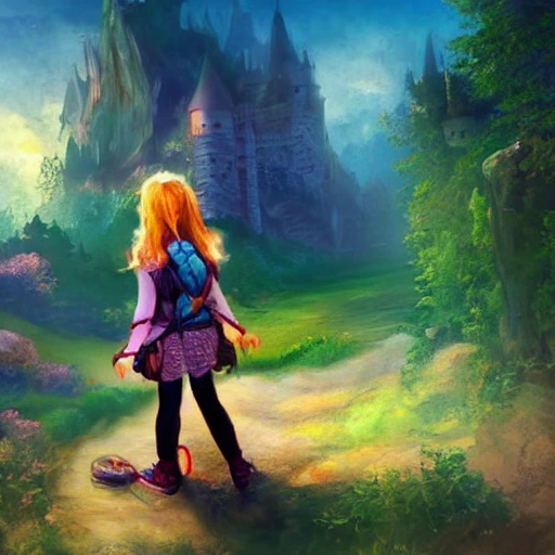 Child girl, adventurer looking at a giant  fantasy castle , backpack, illustration, fantasy art, dramatic light , saturated colors , --upbeta --q 2 --v 4